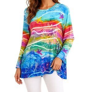 NEW NWT Ali Miles Sz Large Tropical Ocean Beach Wearable Art Blouse Shirt Top